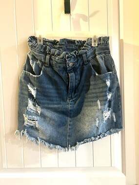 Hayden Distressed Paperbag Waist Denim Mini Skirt with Raw Hem